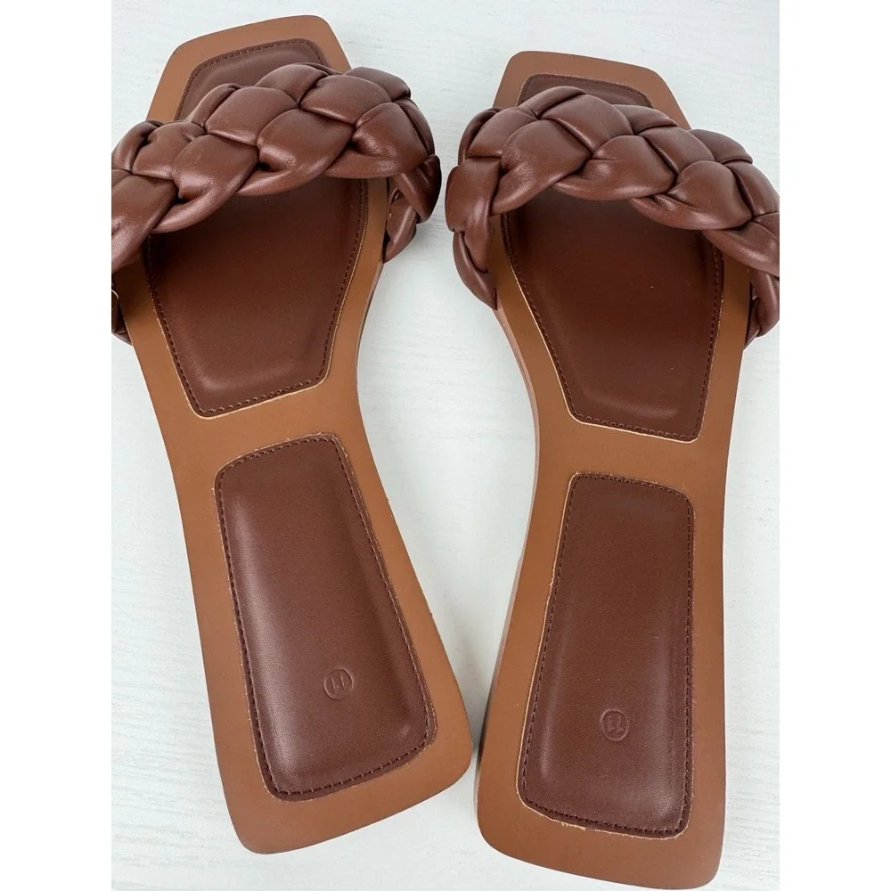 Womens Brown Braided Slide‎ Sandals Square Toe Slip On Flats Size 11 Woven Strap